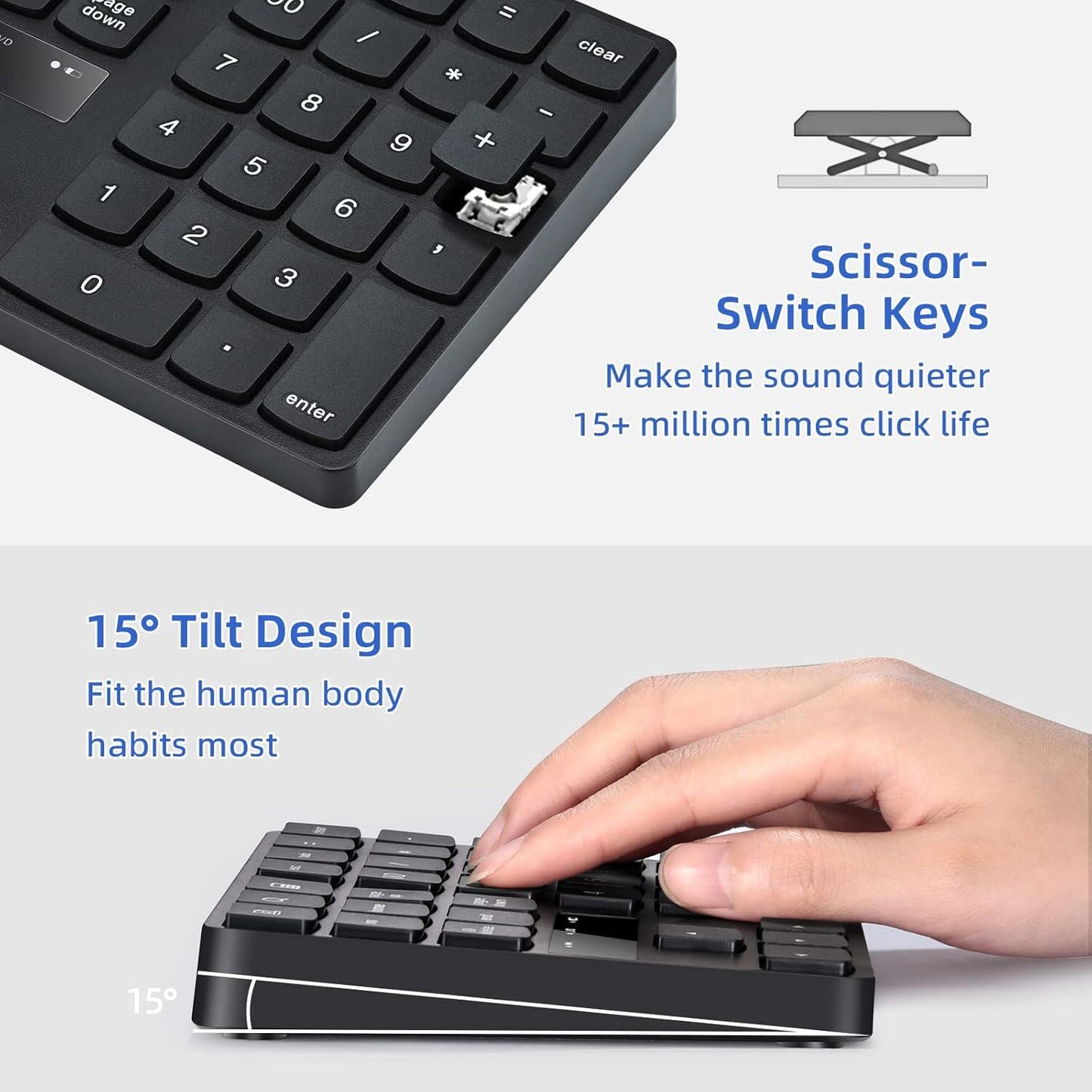 Wireless numeric keyboard, 2.4G rechargeable ultra quiet external numeric keyboard