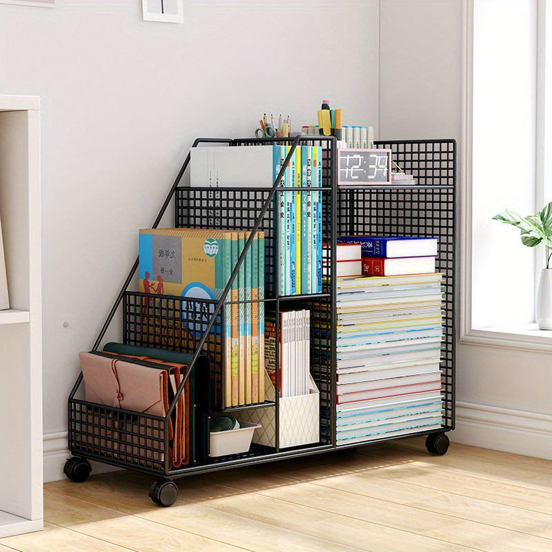 White wrought iron table with movable bookshelf under – easy to assemble