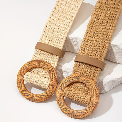 Two women's Spring/Summer Bohemian-Style Straw Belt with Round Buckle