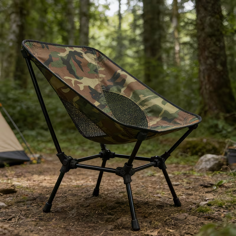 Camouflage folding chair, suitable for camping, made of breathable mesh fabric.