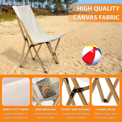 Folding butterfly chair, beige beechwood and canvas, 150 kg weight capacity.