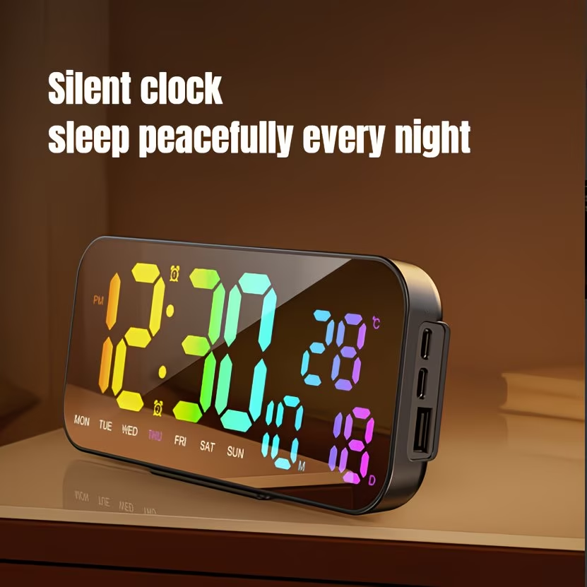 USB powered bedside square alarm clock, stylish and wall mounted, with three brightness levels