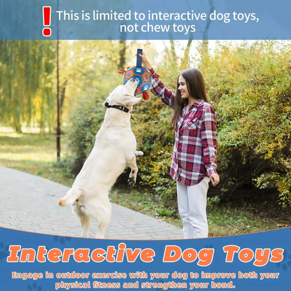 Large, thickened rubber dog soccer ball with tug-of-war straps and inflation tube.