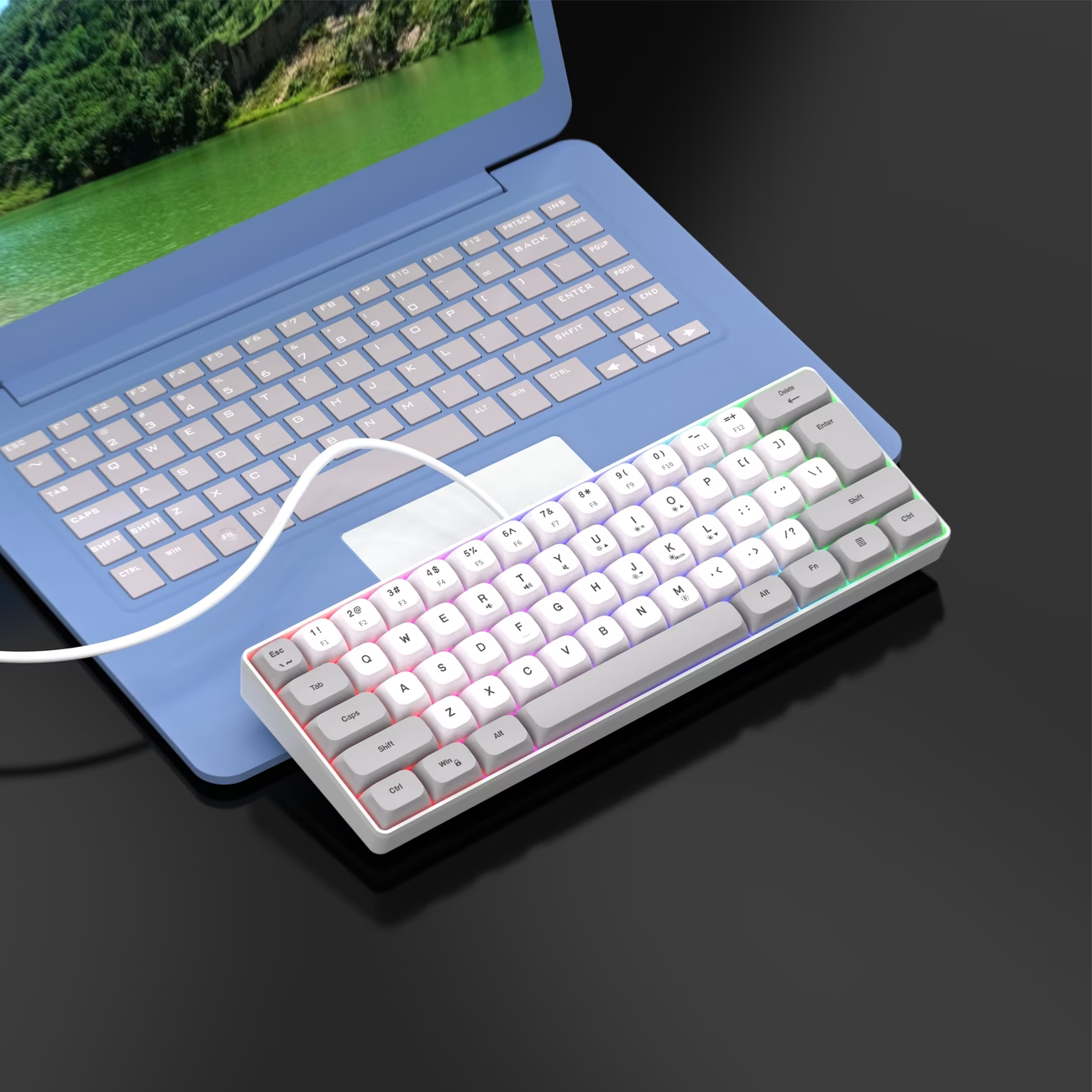 White gaming wired RGB backlit keyboard, gray USB computer PC laptop integrated keyboard