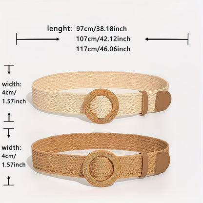 Two women's Spring/Summer Bohemian-Style Straw Belt with Round Buckle