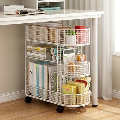 Three-tier metal bookshelf with casters - a space-saving under-desk storage organizer.