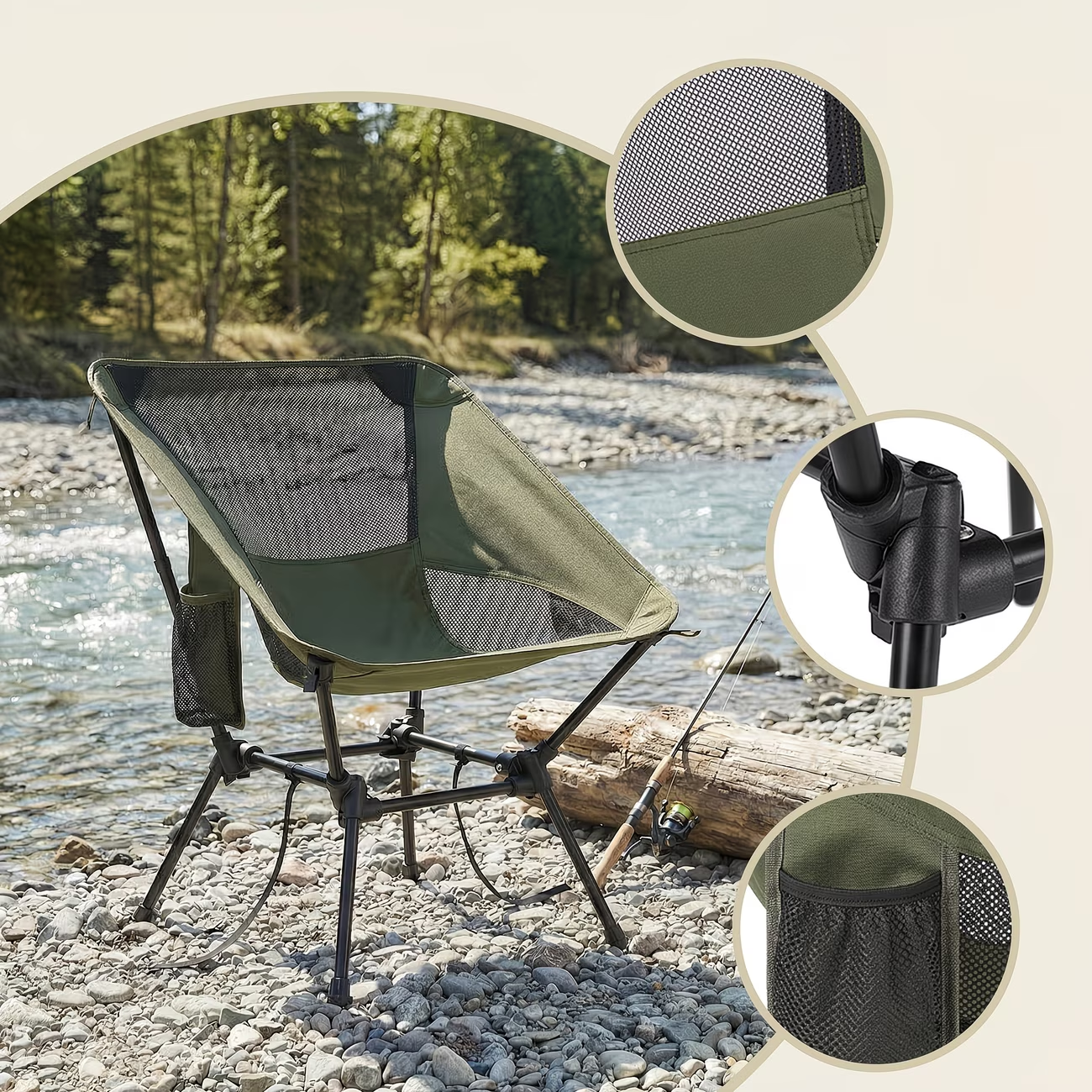 Adjustable beach chair with a steel frame (maximum load capacity 330 lbs).