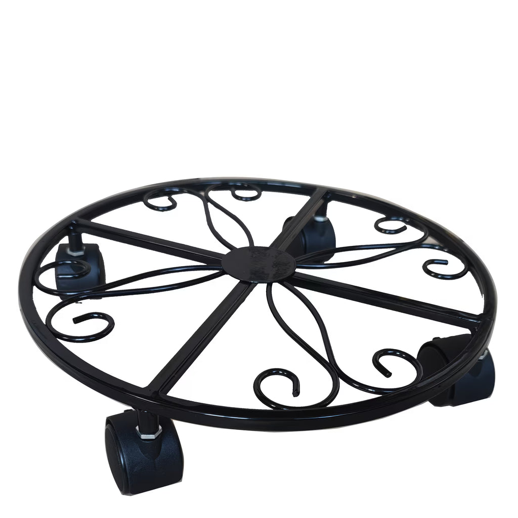 Multifunctional black wrought iron plant stand with wheels