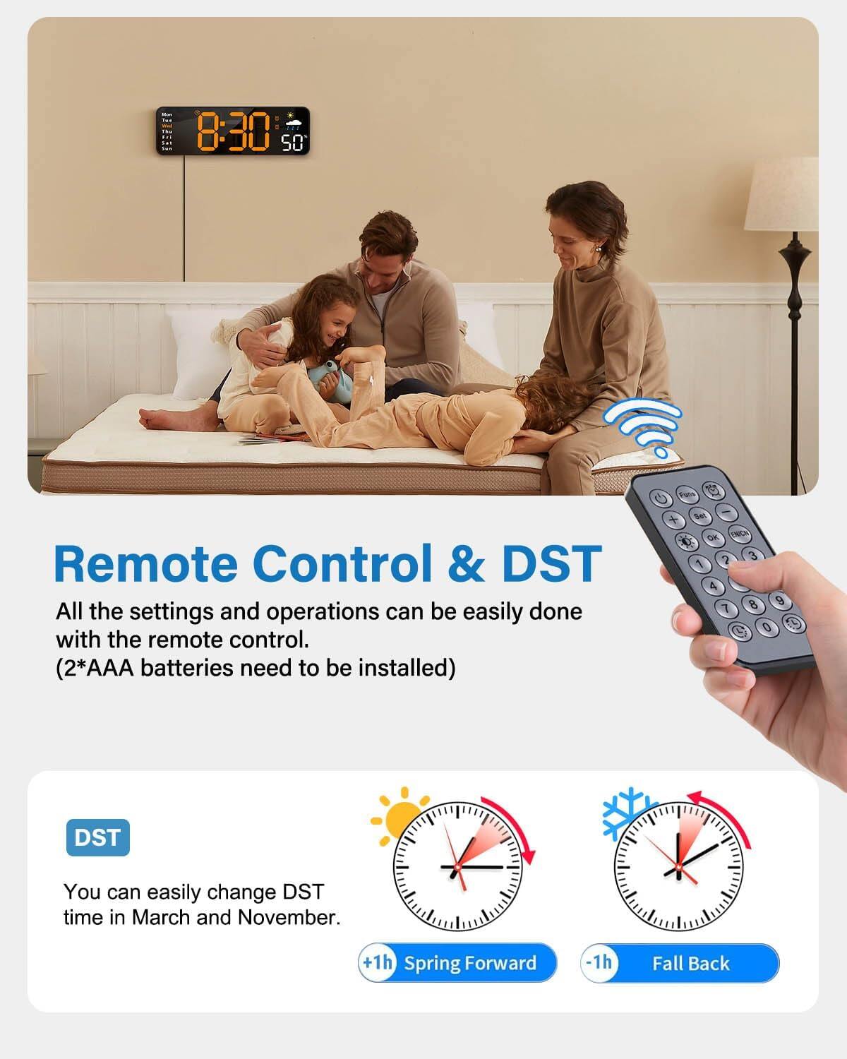 Digital wall clock, digital clock with remote control, large screen with date, week, temperature, humidity, automatic daylight saving time
