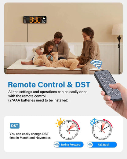 Digital wall clock, digital clock with remote control, large screen with date, week, temperature, humidity, automatic daylight saving time