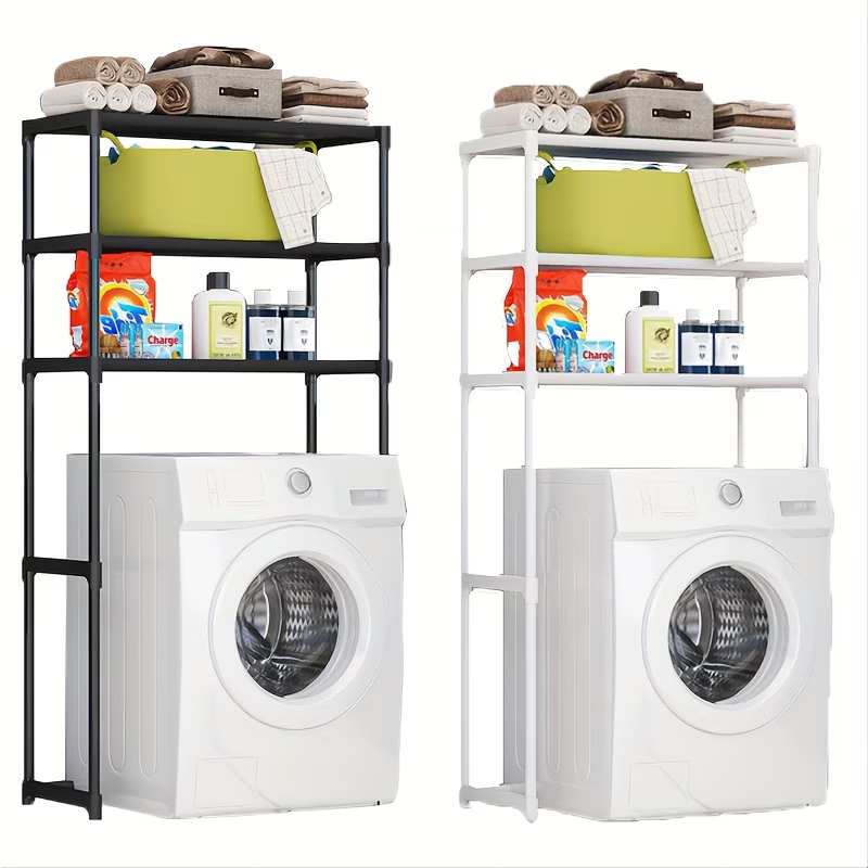 Freestanding double-layer bathroom shelf, no drilling required, saving space.