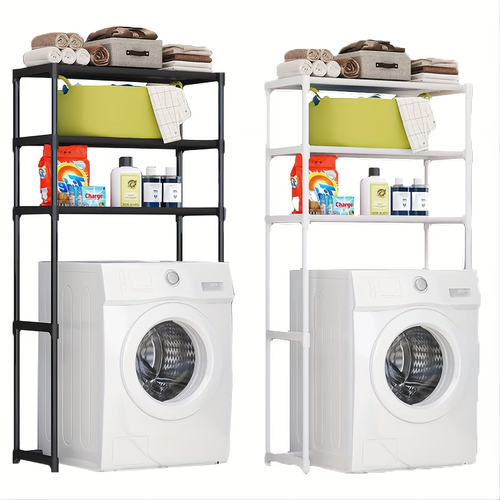 Freestanding double-layer bathroom shelf, no drilling required, saving space.