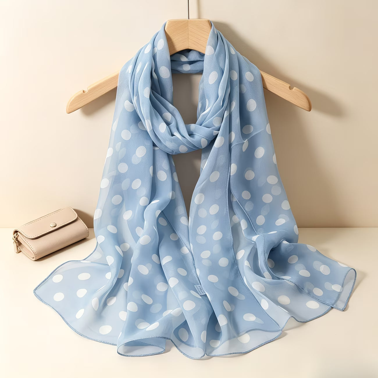 Women's Bohemian-style light blue and white polka-dot silk scarf/shawl