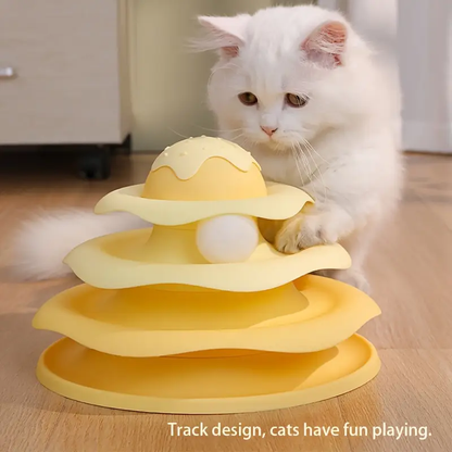 Three-tiered cat-themed spinning toy, interactive track tower, educational game.
