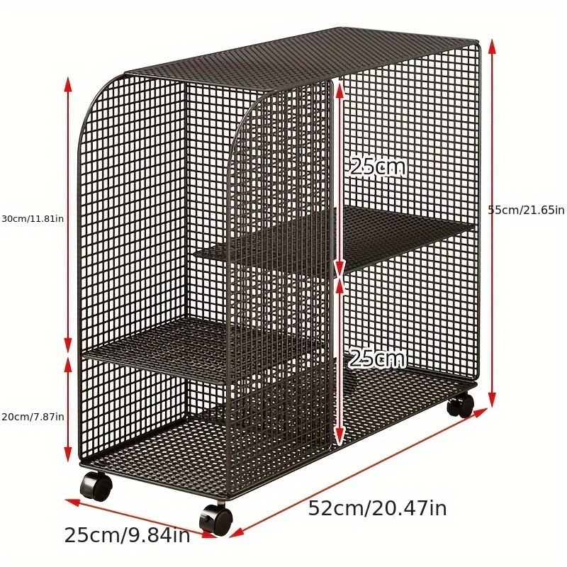 Under-desk rolling bookshelf storage rack - Heavy-duty metal rolling storage trolley