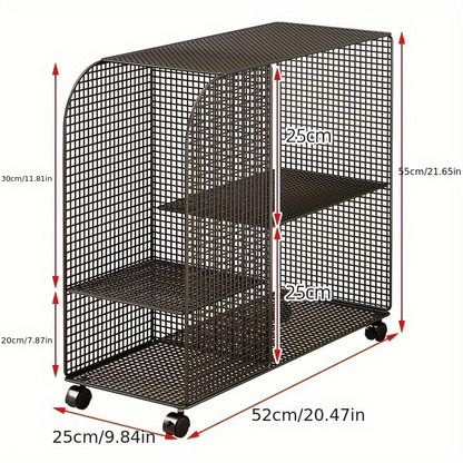 Under-desk rolling bookshelf storage rack - Heavy-duty metal rolling storage trolley