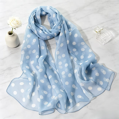 Women's Bohemian-style light blue and white polka-dot silk scarf/shawl
