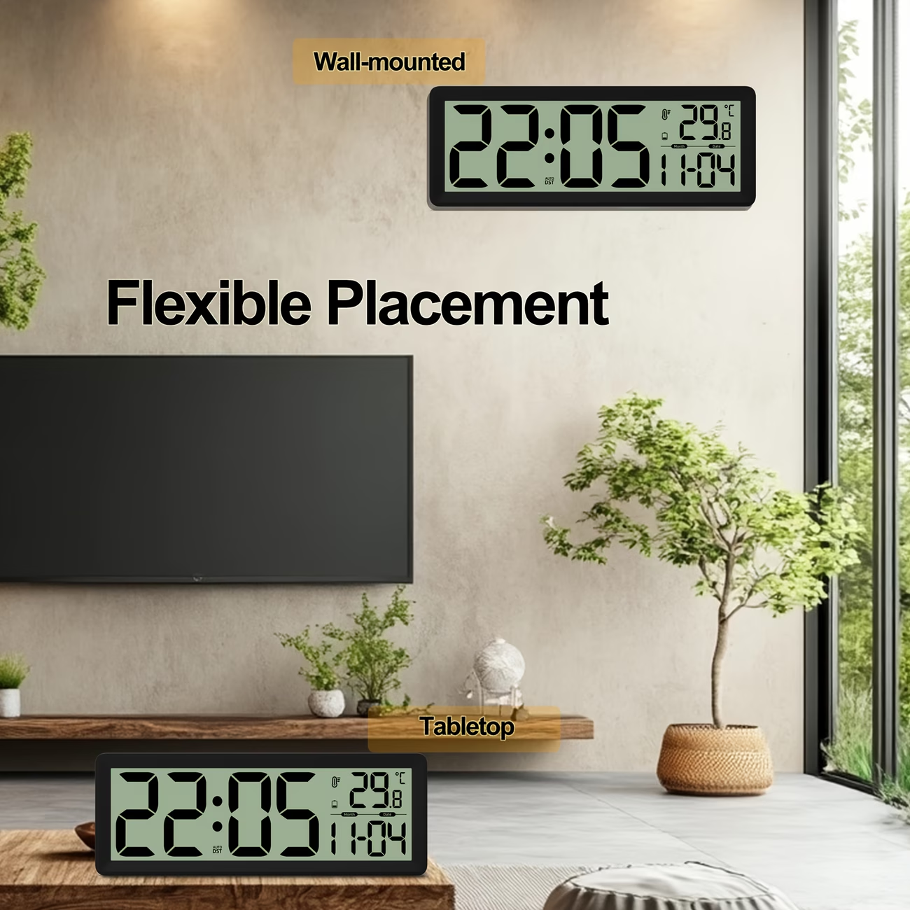 Large digital wall clock with temperature, date, and daylight saving time display