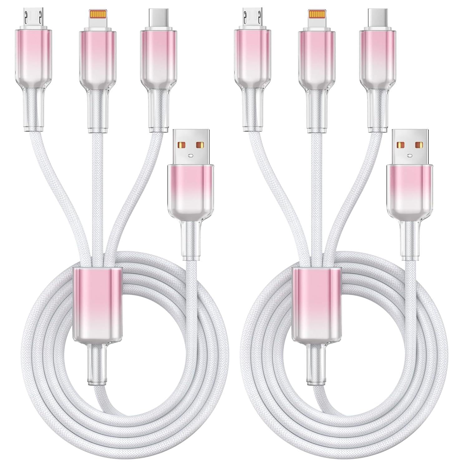 Multi functional charging cable, (2 packs of 4FT) 3-in-1 charging cable, suitable for various devices, nylon braided