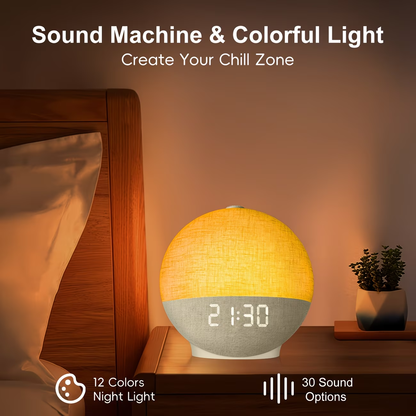 Sunrise alarm clock with white noise sound system, equipped with 30 soothing sleep aid devices and natural wake-up lights
