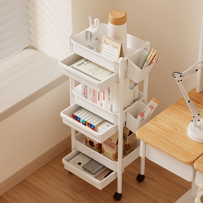 Three-tiered bookshelf with wheels, and includes two pen holders.
