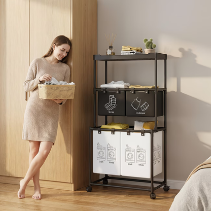Wheeled storage rack, metal frame, dimensions 22.44 x 17.32 x 50.39 inches.
