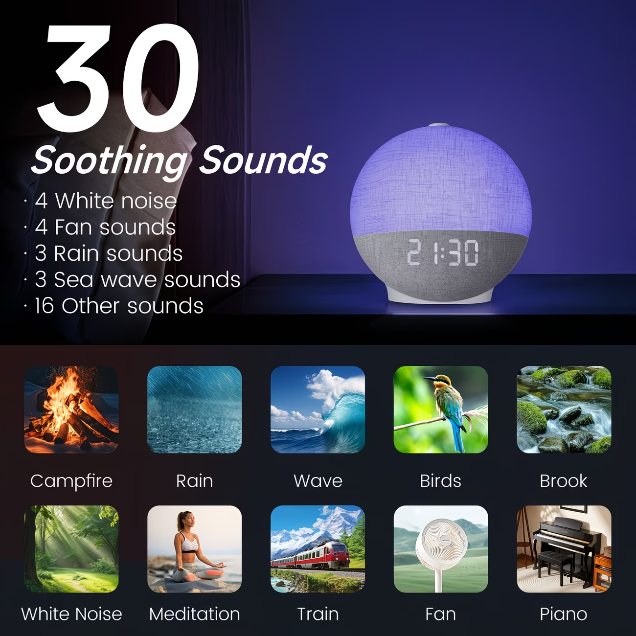 Sunrise alarm clock with white noise sound system, equipped with 30 soothing sleep aid devices and natural wake-up lights