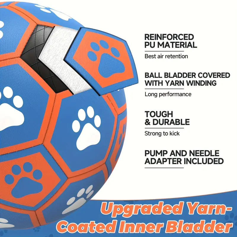 Large, thickened rubber dog soccer ball with tug-of-war straps and inflation tube.