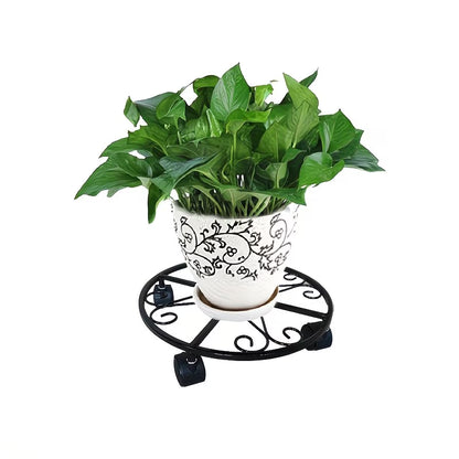 Multifunctional black wrought iron plant stand with wheels
