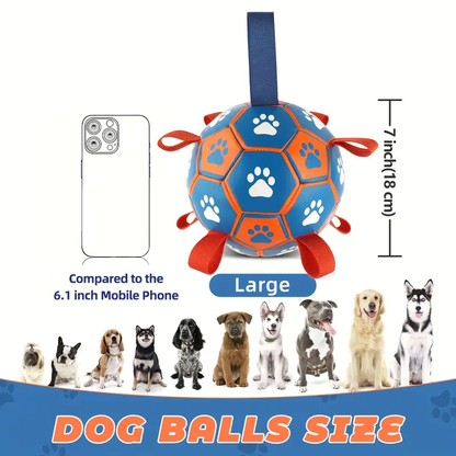 Large, thickened rubber dog soccer ball with tug-of-war straps and inflation tube.