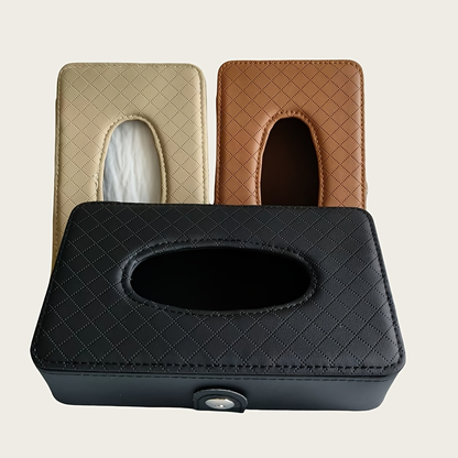 One car-mounted, grid-style tissue box with a hanging strap, made of PU leather.