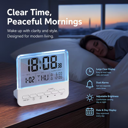 Multi functional digital alarm clock with large backlit display, dual alarm settings, clock, date, day of the week, and daylight saving time adjustment