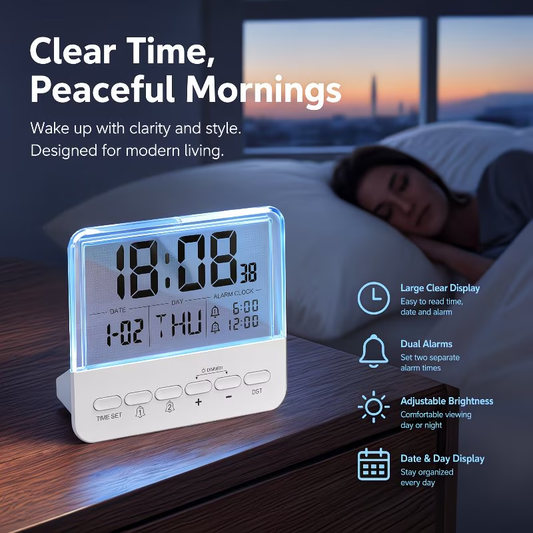 Multi functional digital alarm clock with large backlit display, dual alarm settings, clock, date, day of the week, and daylight saving time adjustment