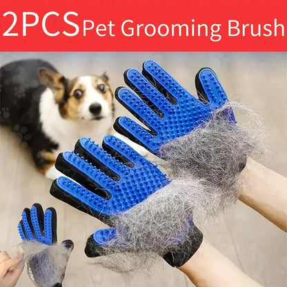 Two pairs of pet grooming gloves with floating hair brushes