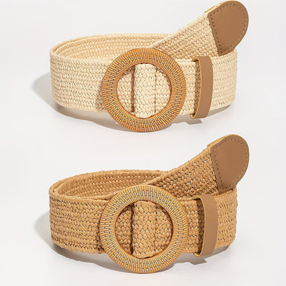 Two women's Spring/Summer Bohemian-Style Straw Belt with Round Buckle