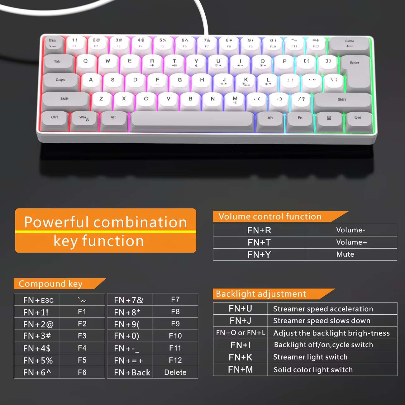 White gaming wired RGB backlit keyboard, gray USB computer PC laptop integrated keyboard