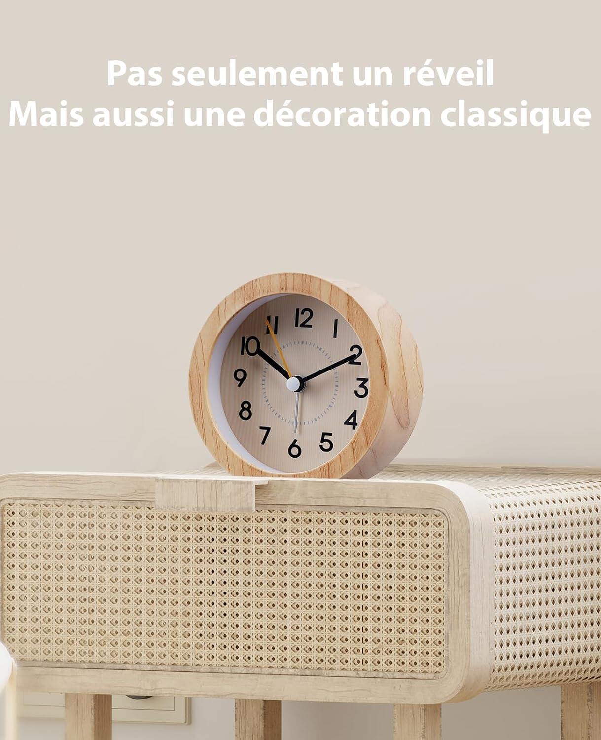 Needle free alarm clock, silent without ticking sound, lightweight and recyclable ABS wood pattern