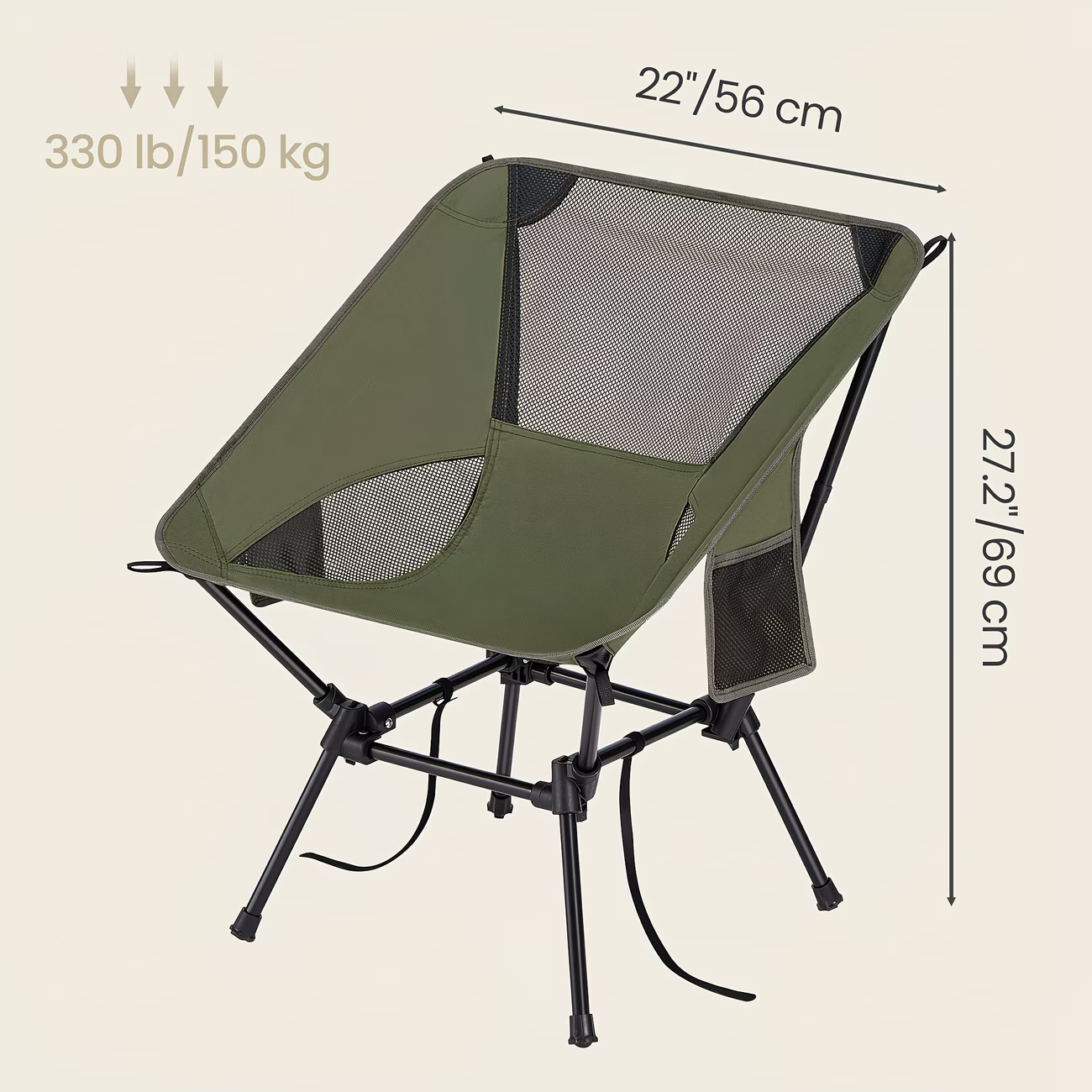 Adjustable beach chair with a steel frame (maximum load capacity 330 lbs).