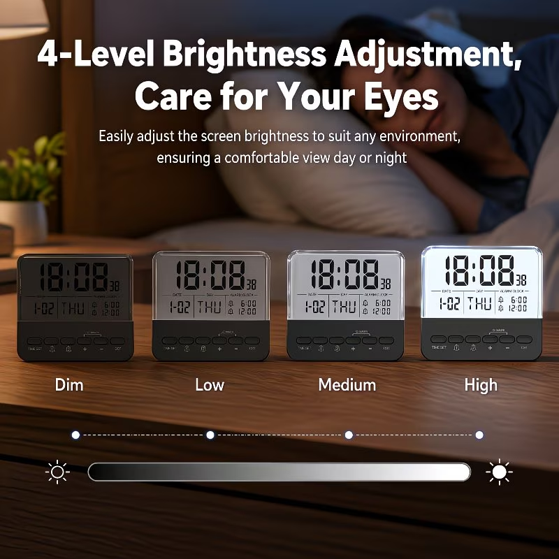 Multi functional digital alarm clock with large backlit display, dual alarm settings, clock, date, day of the week, and daylight saving time adjustment