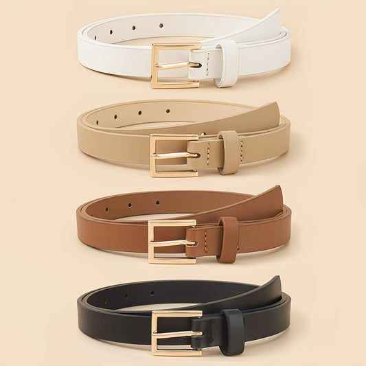 4-Pack Women's Square Pin Buckle Belts, Classic Solid Color Vintage Decor Simple Casual Jeans Belts