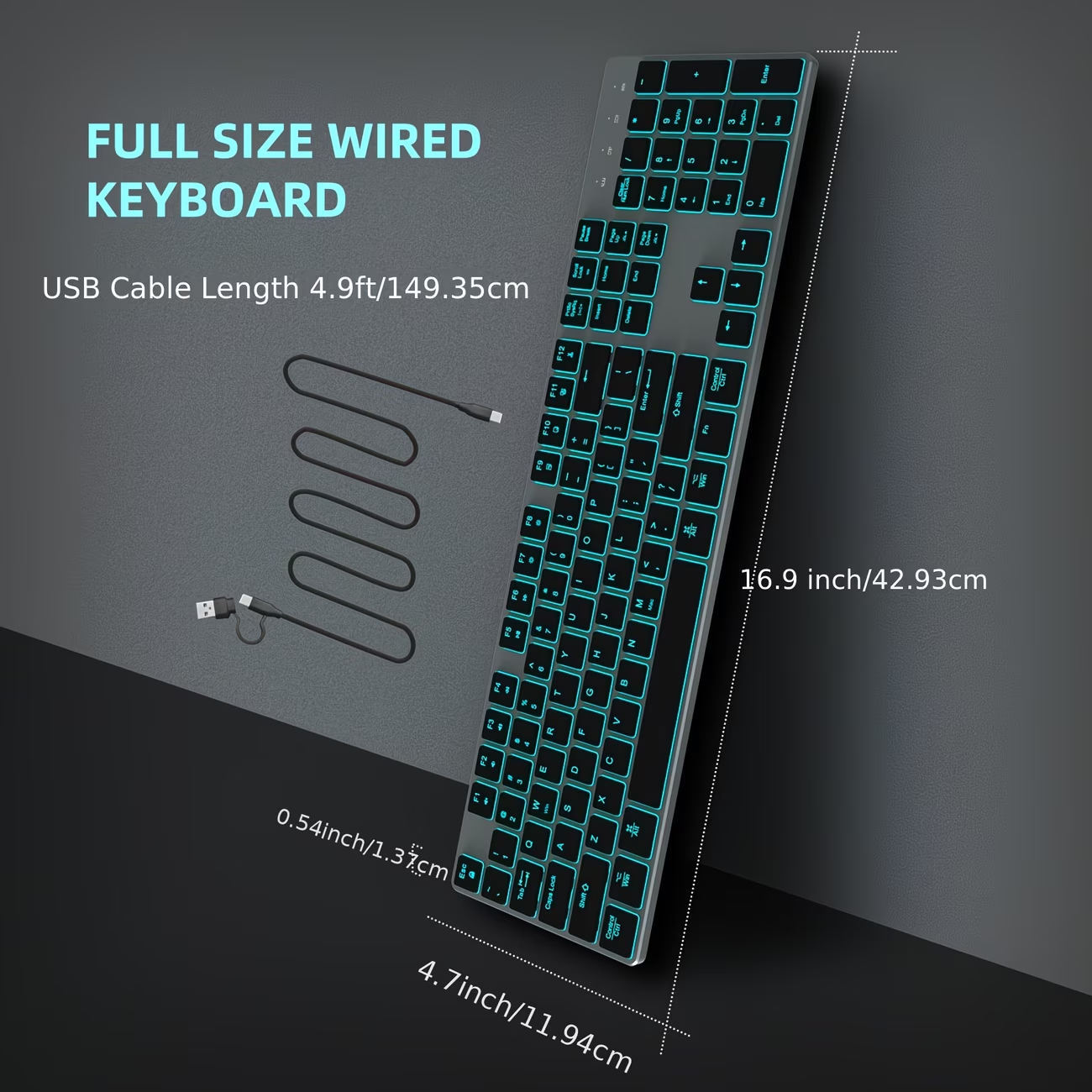 Wired backlit keyboard compatible with Windows/Mac, aluminum ultra-thin silent full-size keyboard