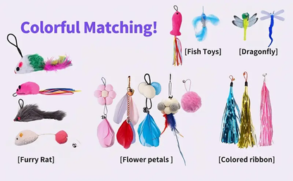 Toy set, including a retractable cat wand and multiple feather replacements.