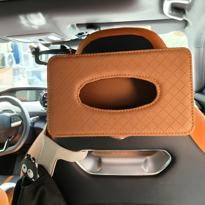 One car-mounted, grid-style tissue box with a hanging strap, made of PU leather.