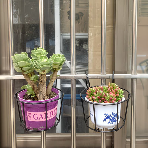 Black Wrought Iron Plant Stand — Balcony Railing Hanging Planter Rack Set