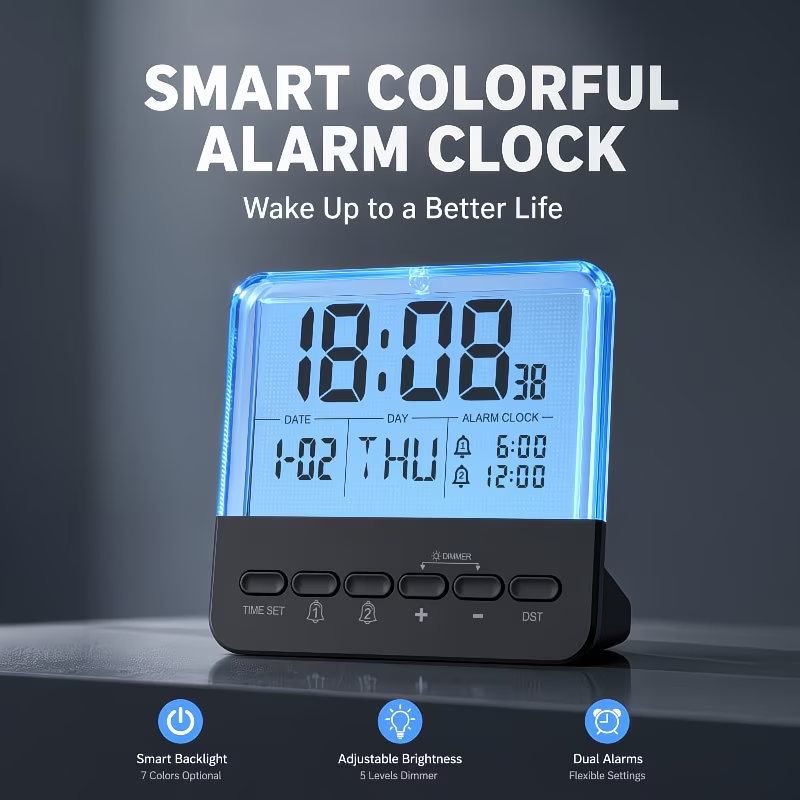 Multi functional digital alarm clock with large backlit display, dual alarm settings, clock, date, day of the week, and daylight saving time adjustment