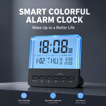 Multi functional digital alarm clock with large backlit display, dual alarm settings, clock, date, day of the week, and daylight saving time adjustment