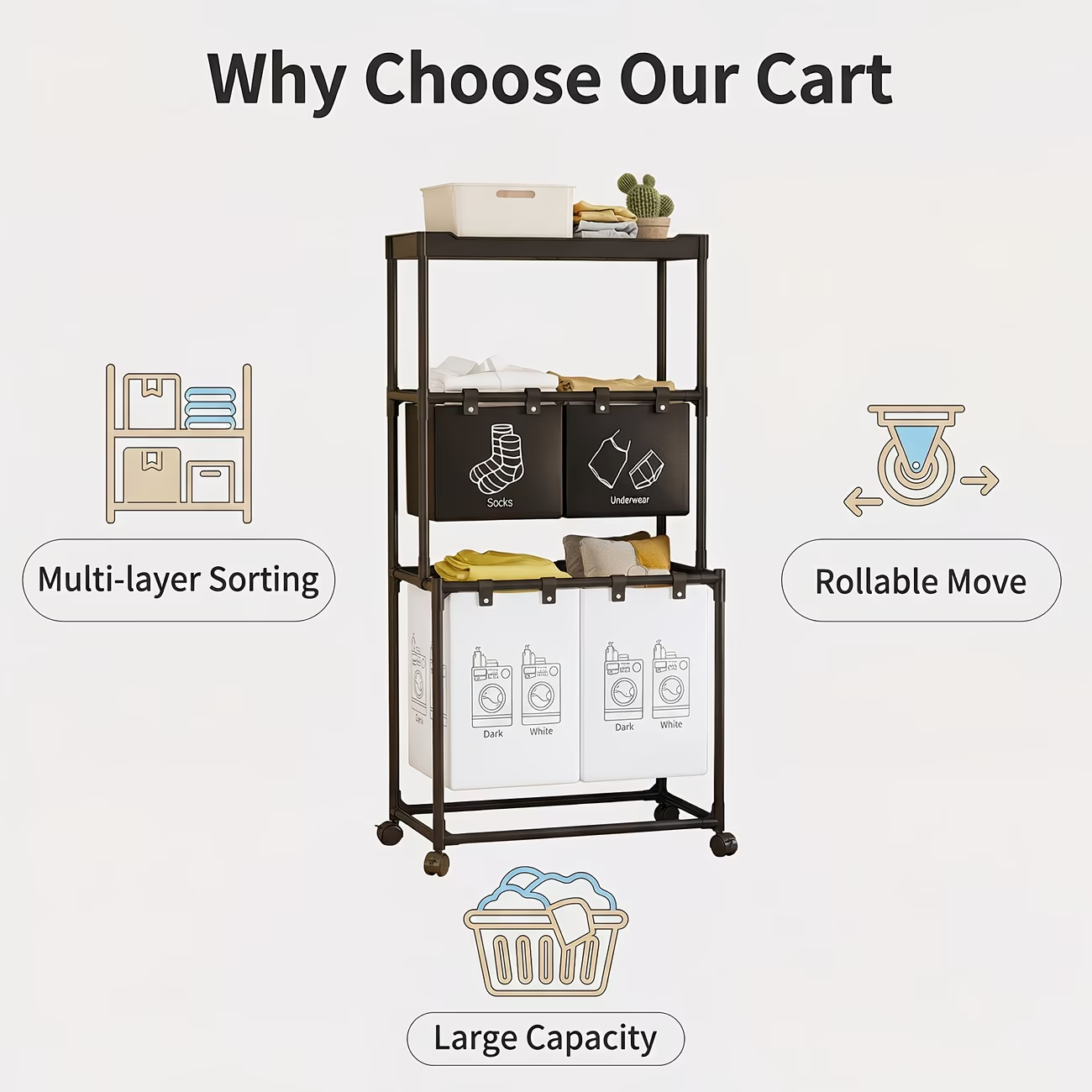 Wheeled storage rack, metal frame, dimensions 22.44 x 17.32 x 50.39 inches.