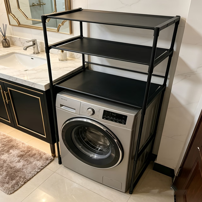 Freestanding double-layer bathroom shelf, no drilling required, saving space.