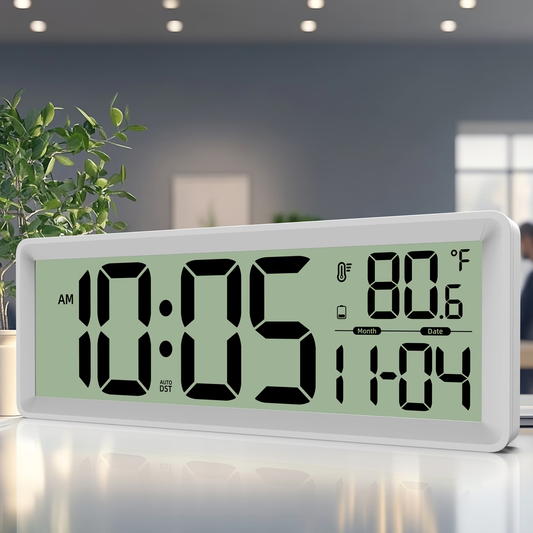 Large digital wall clock with temperature, date, and daylight saving time display