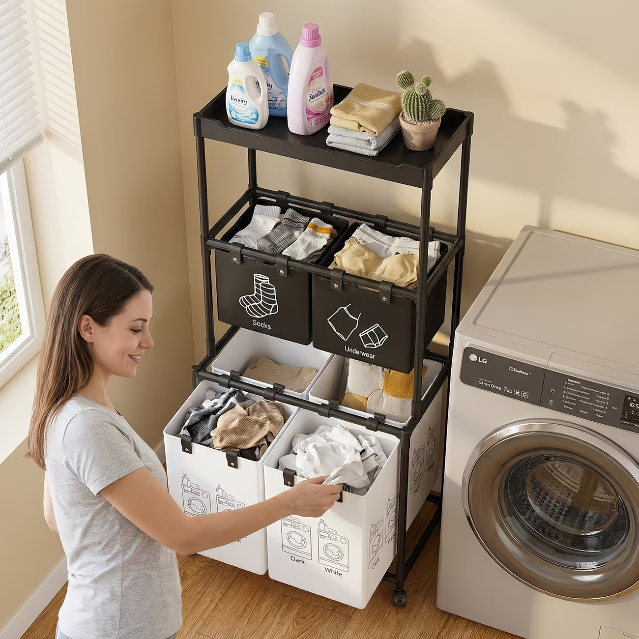 Wheeled storage rack, metal frame, dimensions 22.44 x 17.32 x 50.39 inches.